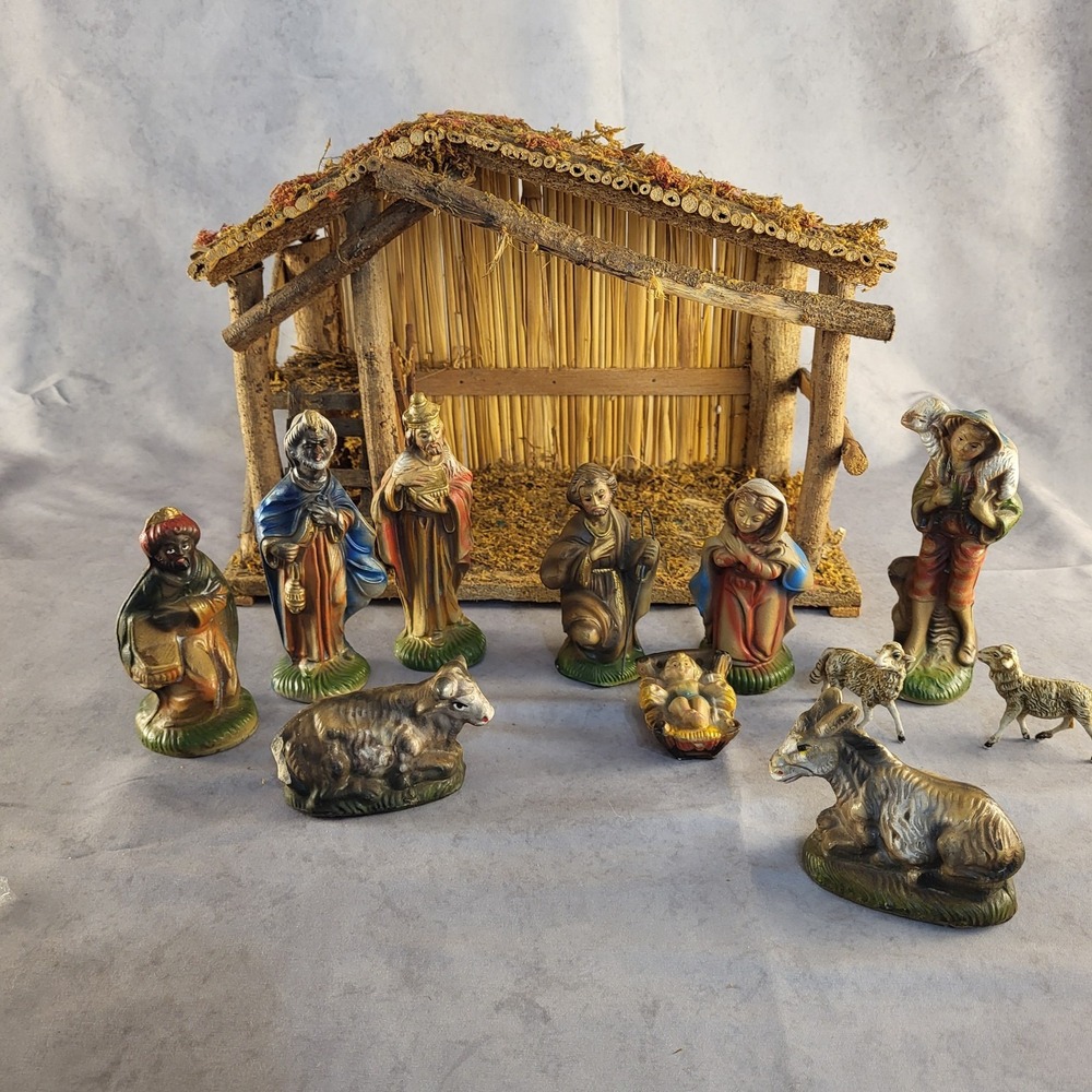Vintage Sears Nativity Set of 11 Figures Flocked Wood Manger Creche with Box